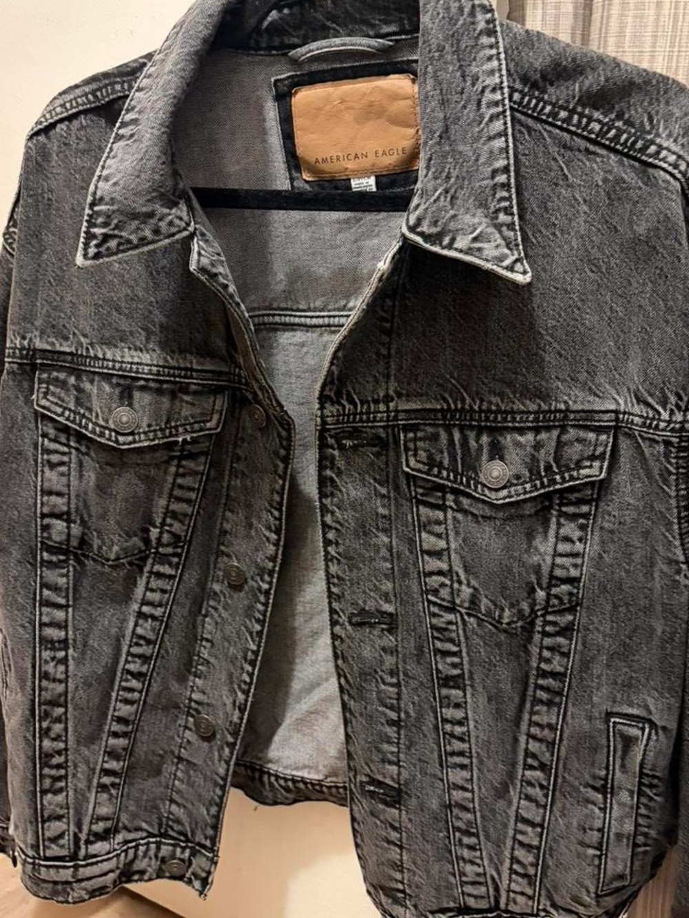 American Eagle Gray Black Acid-Wash Denim Jacket
